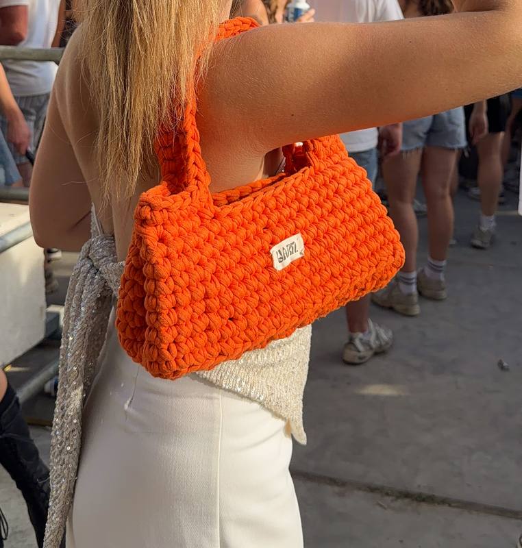 bright orange crochet bag by Yarn.