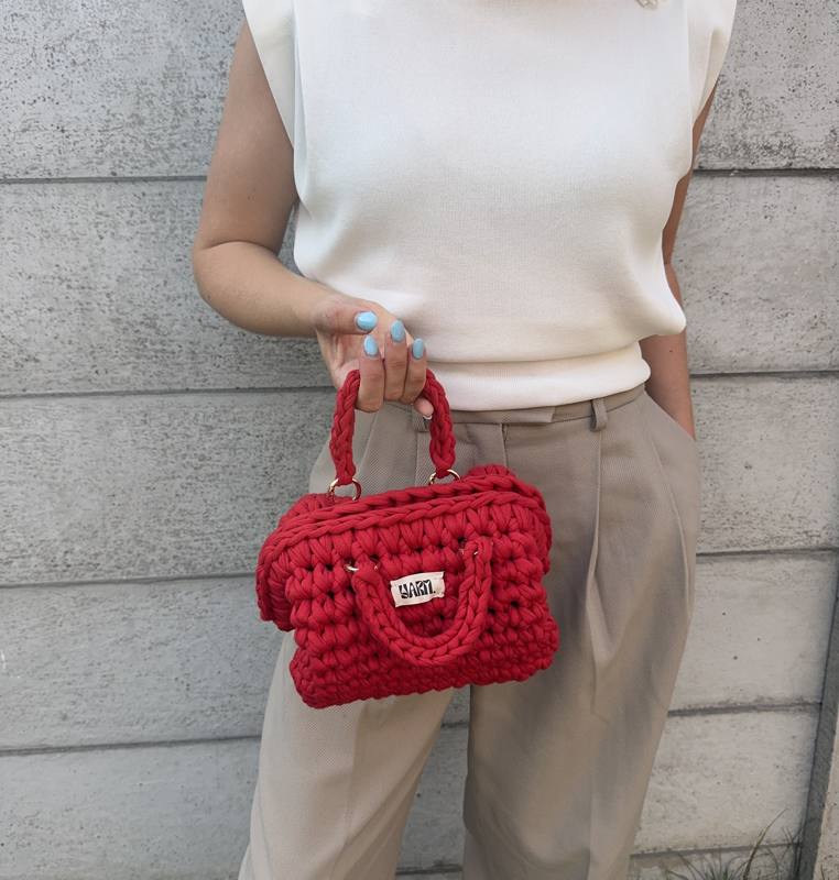 cherry red crochet bag by Yarn.