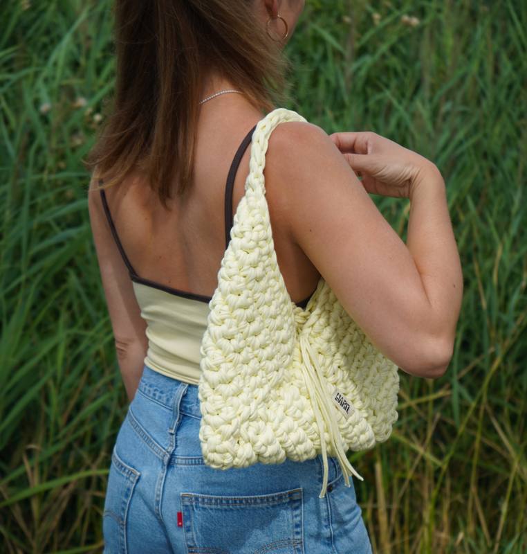 butter yellow crochet bag by Yarn.