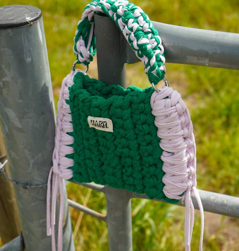 green & lilac crochet bag by Yarn.