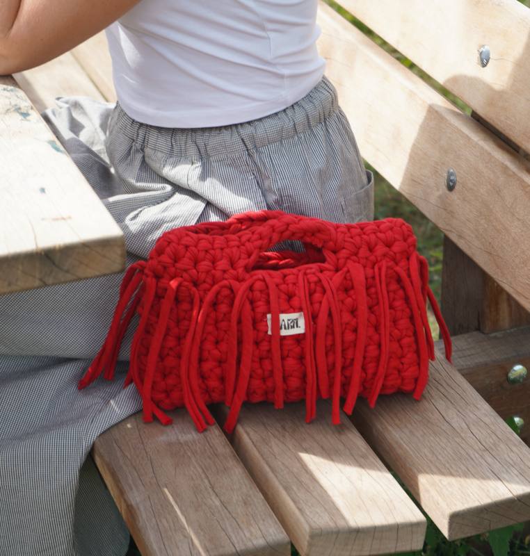 bright red crochet bag by Yarn.