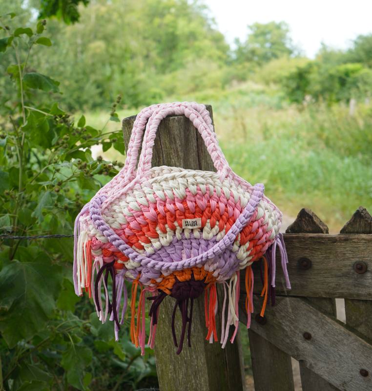 pink, orange & lilac crochet bag by Yarn.